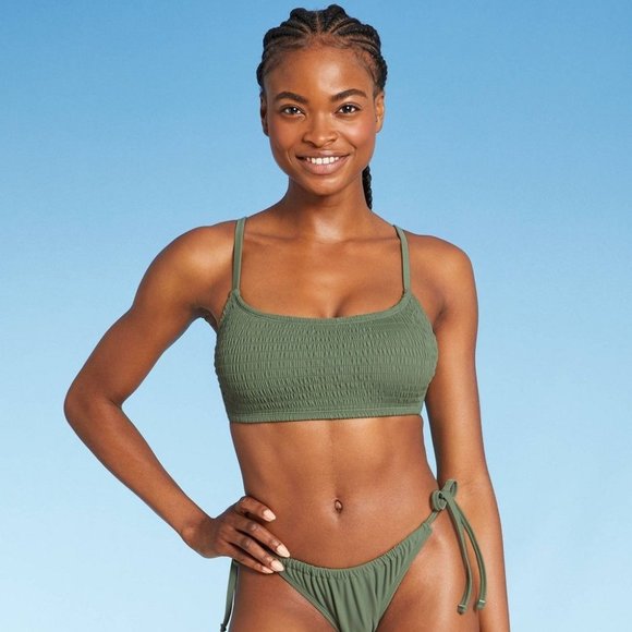 Junior's Smocked Bralette Bikini Top - Xhilaration Sage Green Size D/DD - Picture 1 of 5